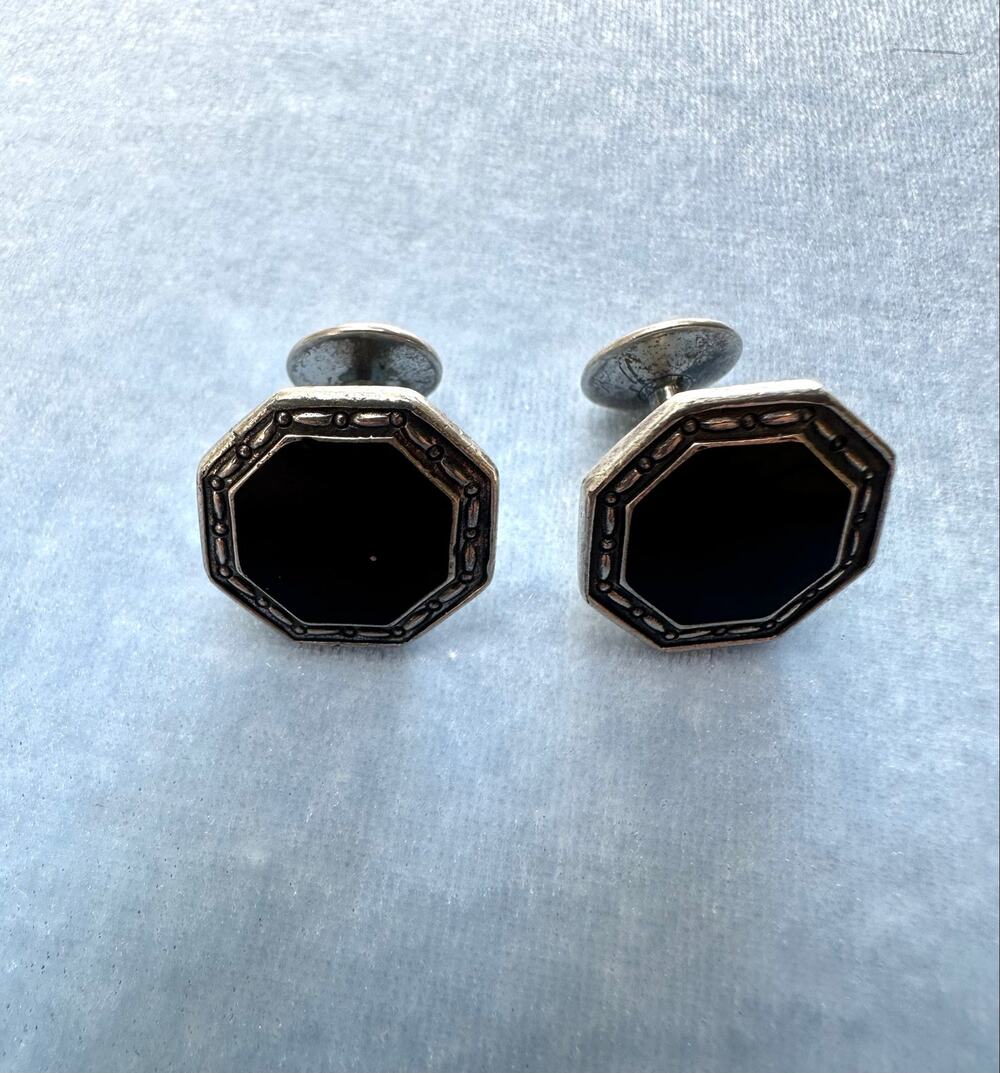 Vintage Sterling Silver Cufflinks Black Onyx Enamel Art Deco Mens